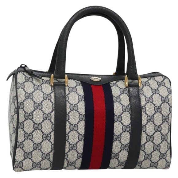 GUCCI GG Supreme Sherry Line Boston Bag PVC Navy Red gold 69 02 006 Auth 138326 - Picture 1 of 16